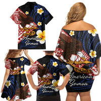 American Samoa Flag Day Family Matching Off Shoulder Short Dress and Hawaiian Shirt Polynesian Tatau Art and Plumeria