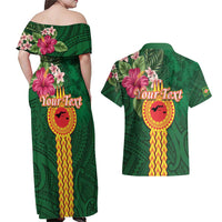 Manuʻa Islands Couples Matching Off Shoulder Maxi Dress and Hawaiian Shirt Polynesian Style with Rooster Tattoo and Tropical Plants