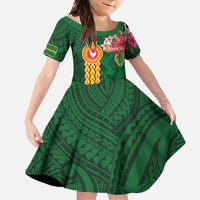 Personalised Manuʻa Islands Family Matching Short Sleeve Bodycon Dress and Hawaiian Shirt Polynesian Style with Rooster Tattoo and Tropical Plants LT03 Daughter's Dress Green - Polynesian Pride