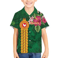 Personalised Manuʻa Islands Family Matching Short Sleeve Bodycon Dress and Hawaiian Shirt Polynesian Style with Rooster Tattoo and Tropical Plants LT03 Son's Shirt Green - Polynesian Pride