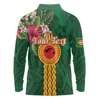 Manuʻa Islands Long Sleeve Polo Shirt Polynesian Style with Rooster Tattoo and Tropical Plants