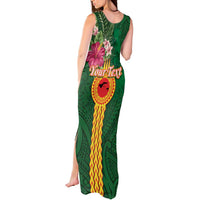 Manuʻa Islands Tank Maxi Dress Polynesian Style with Rooster Tattoo and Tropical Plants
