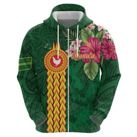 Personalised Manuʻa Islands Zip Hoodie Polynesian Style with Rooster Tattoo and Tropical Plants LT03 - Polynesian Pride