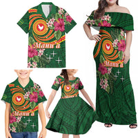 Manuʻa Islands Family Matching Off Shoulder Maxi Dress and Hawaiian Shirt Polynesian Art Tattoo Style and Tropical Plants