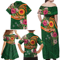 Manuʻa Islands Family Matching Off Shoulder Maxi Dress and Hawaiian Shirt Polynesian Art Tattoo Style and Tropical Plants