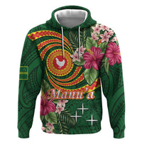 Personalised Manuʻa Islands Zip Hoodie Polynesian Art Tattoo Style and Tropical Plants LT03 Pullover Hoodie Green - Polynesian Pride