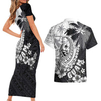 Hafa Adai Guam Couples Matching Short Sleeve Bodycon Dress and Hawaiian Shirt Polynesian Palm Tree Tattoo Hibiscus and Plumeria Art