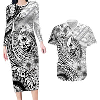 Guam-Land of the Chamorro Couples Matching Long Sleeve Bodycon Dress and Hawaiian Shirt Polynesian Tattoo Style Hibiscus and Plumeria Art