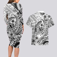 Guam-Land of the Chamorro Couples Matching Long Sleeve Bodycon Dress and Hawaiian Shirt Polynesian Tattoo Style Hibiscus and Plumeria Art