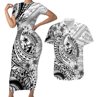 Guam-Land of the Chamorro Couples Matching Short Sleeve Bodycon Dress and Hawaiian Shirt Polynesian Tattoo Style Hibiscus and Plumeria Art