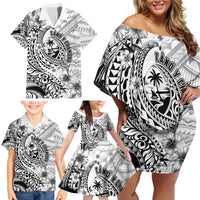 Guam-Land of the Chamorro Family Matching Off Shoulder Short Dress and Hawaiian Shirt Polynesian Tattoo Style Hibiscus and Plumeria Art