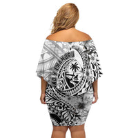 Guam-Land of the Chamorro Family Matching Off Shoulder Short Dress and Hawaiian Shirt Polynesian Tattoo Style Hibiscus and Plumeria Art