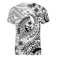 Guam-Land of the Chamorro Women V-Neck T-Shirt Polynesian Tattoo Style Hibiscus and Plumeria Art