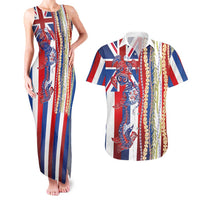 Hawaiian Sea Animals Couples Matching Tank Maxi Dress and Hawaiian Shirt with Lei and Flag Style