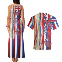 Hawaiian Sea Animals Couples Matching Tank Maxi Dress and Hawaiian Shirt with Lei and Flag Style