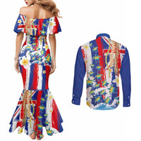 Hawaiian Sea Turtles and Plumeria Couples Matching Mermaid Dress and Long Sleeve Button Shirt with Lei and Flag Grunge Style
