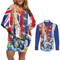 Hawaiian Sea Turtles and Plumeria Couples Matching Off Shoulder Short Dress and Long Sleeve Button Shirt with Lei and Flag Grunge Style