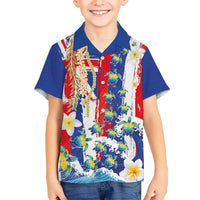 Hawaiian Sea Turtles and Plumeria Family Matching Puletasi and Hawaiian Shirt with Lei and Flag Grunge Style LT03 Son's Shirt Multicolor - Polynesian Pride