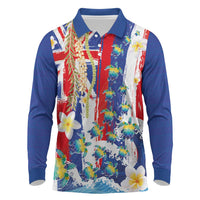 Hawaiian Sea Turtles and Plumeria Long Sleeve Polo Shirt with Lei and Flag Grunge Style