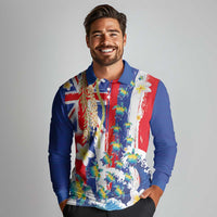Hawaiian Sea Turtles and Plumeria Long Sleeve Polo Shirt with Lei and Flag Grunge Style