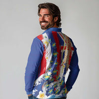 Hawaiian Sea Turtles and Plumeria Long Sleeve Polo Shirt with Lei and Flag Grunge Style