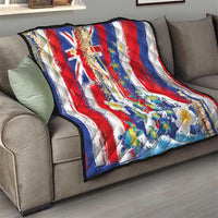 Hawaiian Sea Turtles and Plumeria Quilt with Lei and Flag Grunge Style