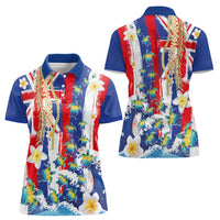 Hawaiian Sea Turtles and Plumeria Women Polo Shirt with Lei and Flag Grunge Style