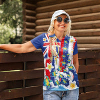 Hawaiian Sea Turtles and Plumeria Women Polo Shirt with Lei and Flag Grunge Style