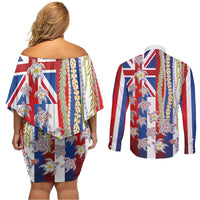 Hawaiian Polynesian Tribal Turtles Couples Matching Off Shoulder Short Dress and Long Sleeve Button Shirt with Lei and Flag Style