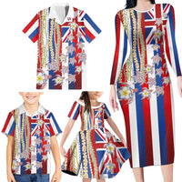 Hawaiian Polynesian Tribal Turtles Family Matching Long Sleeve Bodycon Dress and Hawaiian Shirt with Lei and Flag Style