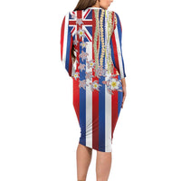 Hawaiian Polynesian Tribal Turtles Family Matching Long Sleeve Bodycon Dress and Hawaiian Shirt with Lei and Flag Style
