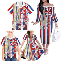 Hawaiian Polynesian Tribal Turtles Family Matching Off The Shoulder Long Sleeve Dress and Hawaiian Shirt with Lei and Flag Style