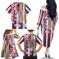 Hawaiian Polynesian Tribal Turtles Family Matching Off The Shoulder Long Sleeve Dress and Hawaiian Shirt with Lei and Flag Style