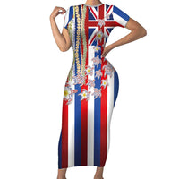 Hawaiian Polynesian Tribal Turtles Family Matching Short Sleeve Bodycon Dress and Hawaiian Shirt with Lei and Flag Style