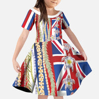 Hawaiian Polynesian Tribal Turtles Kid Short Sleeve Dress with Lei and Flag Style