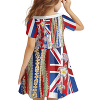 Hawaiian Polynesian Tribal Turtles Kid Short Sleeve Dress with Lei and Flag Style