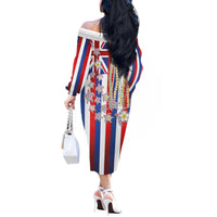 Hawaiian Polynesian Tribal Turtles Off The Shoulder Long Sleeve Dress with Lei and Flag Style