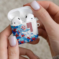 Hawaiian Tribal Manta Ray AirPods Case Kakau Tattoo and Flowers Surfing Waves Pattern Ocean Color