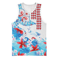 Hawaiian Tribal Manta Ray Basketball Jersey Kakau Tattoo and Flowers Surfing Waves Pattern Ocean Color