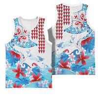 Hawaiian Tribal Manta Ray Basketball Jersey Kakau Tattoo and Flowers Surfing Waves Pattern Ocean Color