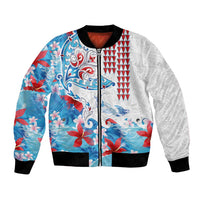 Hawaiian Tribal Manta Ray Bomber Jacket Kakau Tattoo and Flowers Surfing Waves Pattern Ocean Color LT03 Unisex Multicolor - Polynesian Pride