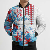 Hawaiian Tribal Manta Ray Bomber Puffer Jacket Kakau Tattoo and Flowers Surfing Waves Pattern Ocean Color