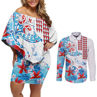 Hawaiian Tribal Manta Ray Couples Matching Off Shoulder Short Dress and Long Sleeve Button Shirt Kakau Tattoo and Flowers Surfing Waves Pattern Ocean Color