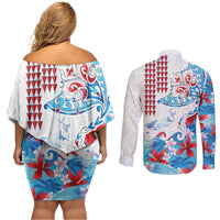Hawaiian Tribal Manta Ray Couples Matching Off Shoulder Short Dress and Long Sleeve Button Shirt Kakau Tattoo and Flowers Surfing Waves Pattern Ocean Color