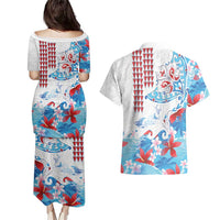 Hawaiian Tribal Manta Ray Couples Matching Puletasi and Hawaiian Shirt Kakau Tattoo and Flowers Surfing Waves Pattern Ocean Color