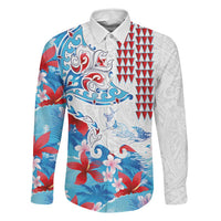 Hawaiian Tribal Manta Ray Family Matching Mermaid Dress and Hawaiian Shirt Kakau Tattoo and Flowers Surfing Waves Pattern Ocean Color LT03 Dad's Shirt - Long Sleeve Multicolor - Polynesian Pride