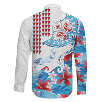 Hawaiian Tribal Manta Ray Family Matching Short Sleeve Bodycon Dress and Hawaiian Shirt Kakau Tattoo and Flowers Surfing Waves Pattern Ocean Color LT03 - Polynesian Pride