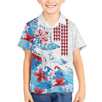 Hawaiian Tribal Manta Ray Family Matching Short Sleeve Bodycon Dress and Hawaiian Shirt Kakau Tattoo and Flowers Surfing Waves Pattern Ocean Color LT03 Son's Shirt Multicolor - Polynesian Pride