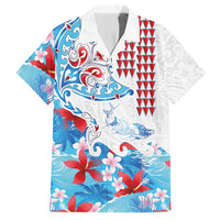 Hawaiian Tribal Manta Ray Hawaiian Shirt Kakau Tattoo and Flowers Surfing Waves Pattern Ocean Color