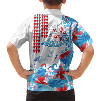 Hawaiian Tribal Manta Ray Hawaiian Shirt Kakau Tattoo and Flowers Surfing Waves Pattern Ocean Color